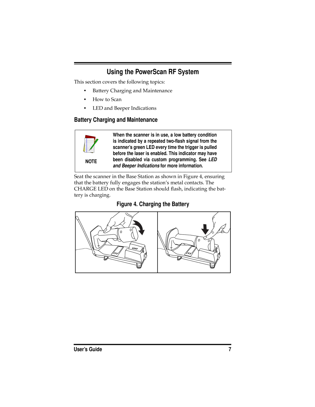 PSC PowerScanTM RF manual Using the PowerScan RF System, Battery Charging and Maintenance 