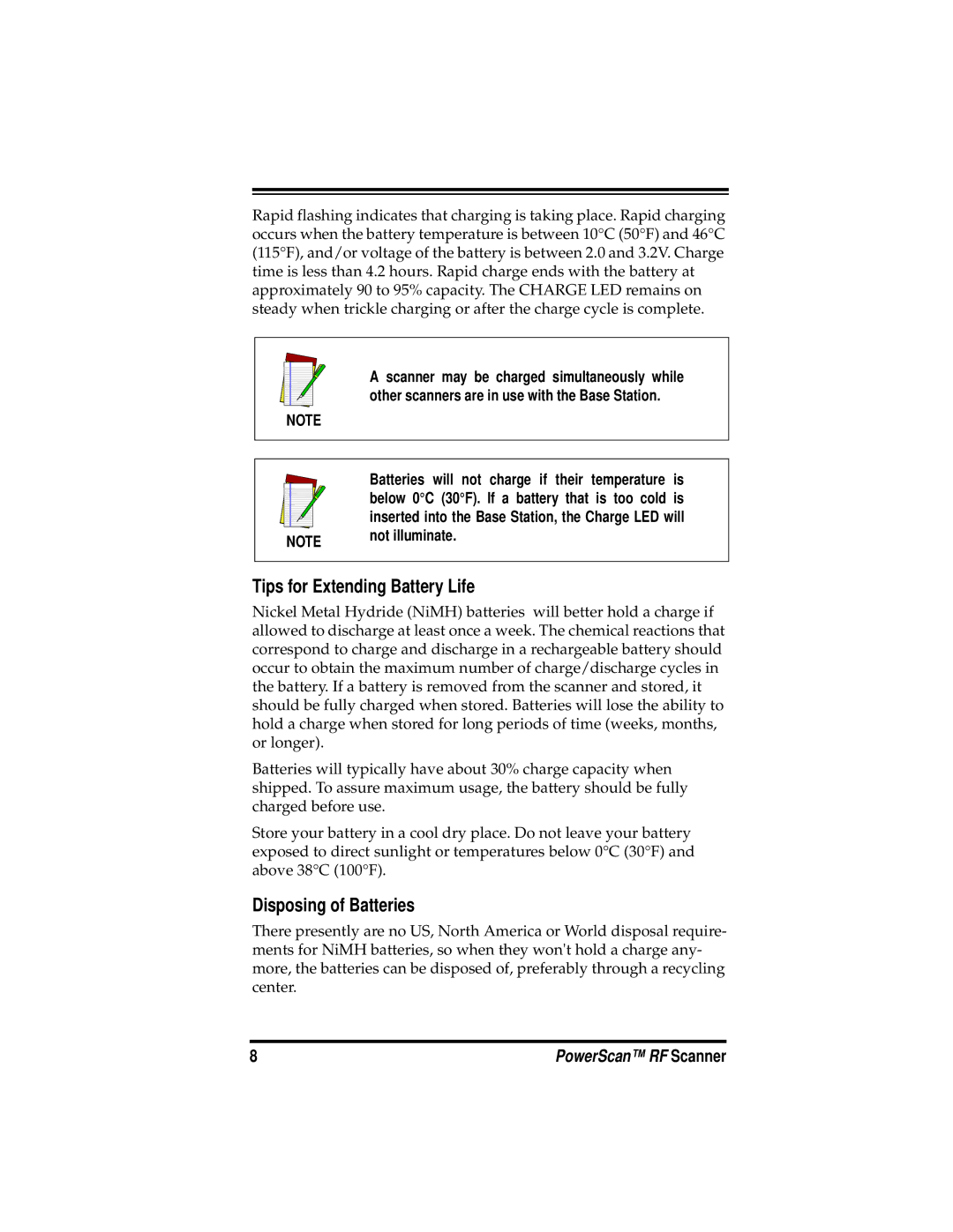 PSC PowerScanTM RF manual Tips for Extending Battery Life, Disposing of Batteries, Not illuminate 