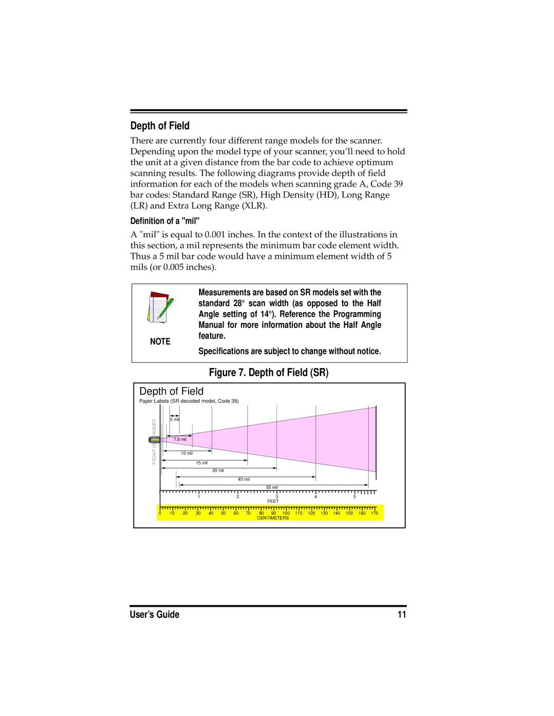 PSC PowerScanTM RF manual Depth of Field, Definition of a mil, Specifications are subject to change without notice 