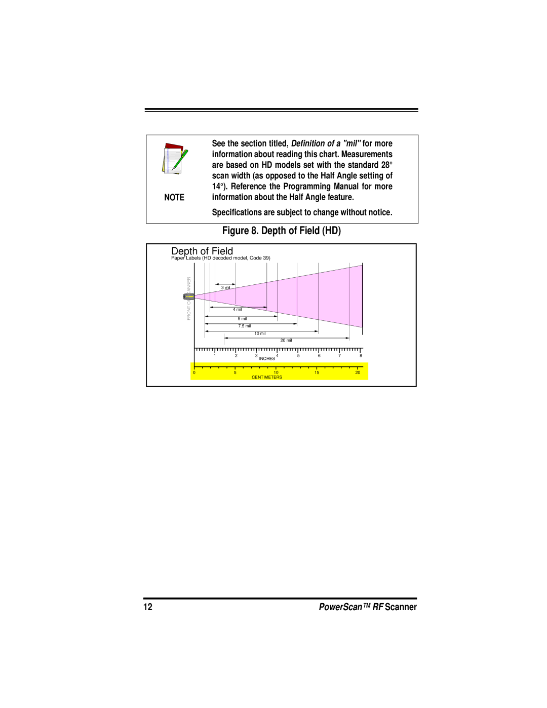 PSC PowerScanTM RF manual Depth of Field HD, Information about the Half Angle feature 