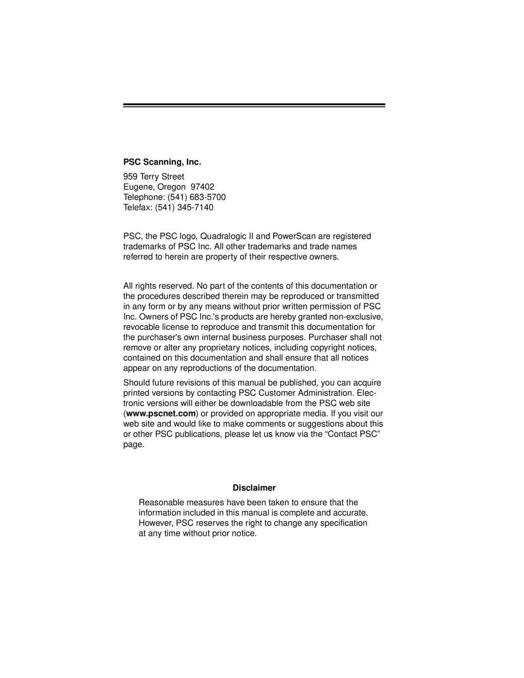 PSC PowerScanTM RF manual PSC Scanning, Inc, Disclaimer 