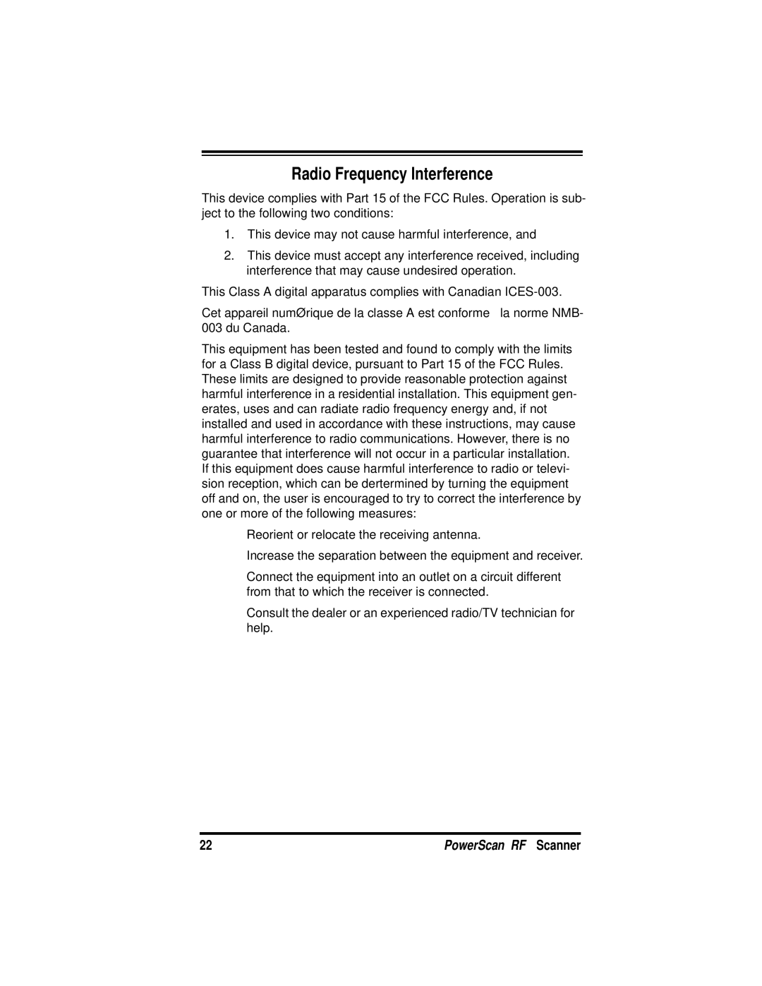 PSC PowerScanTM RF manual Radio Frequency Interference 