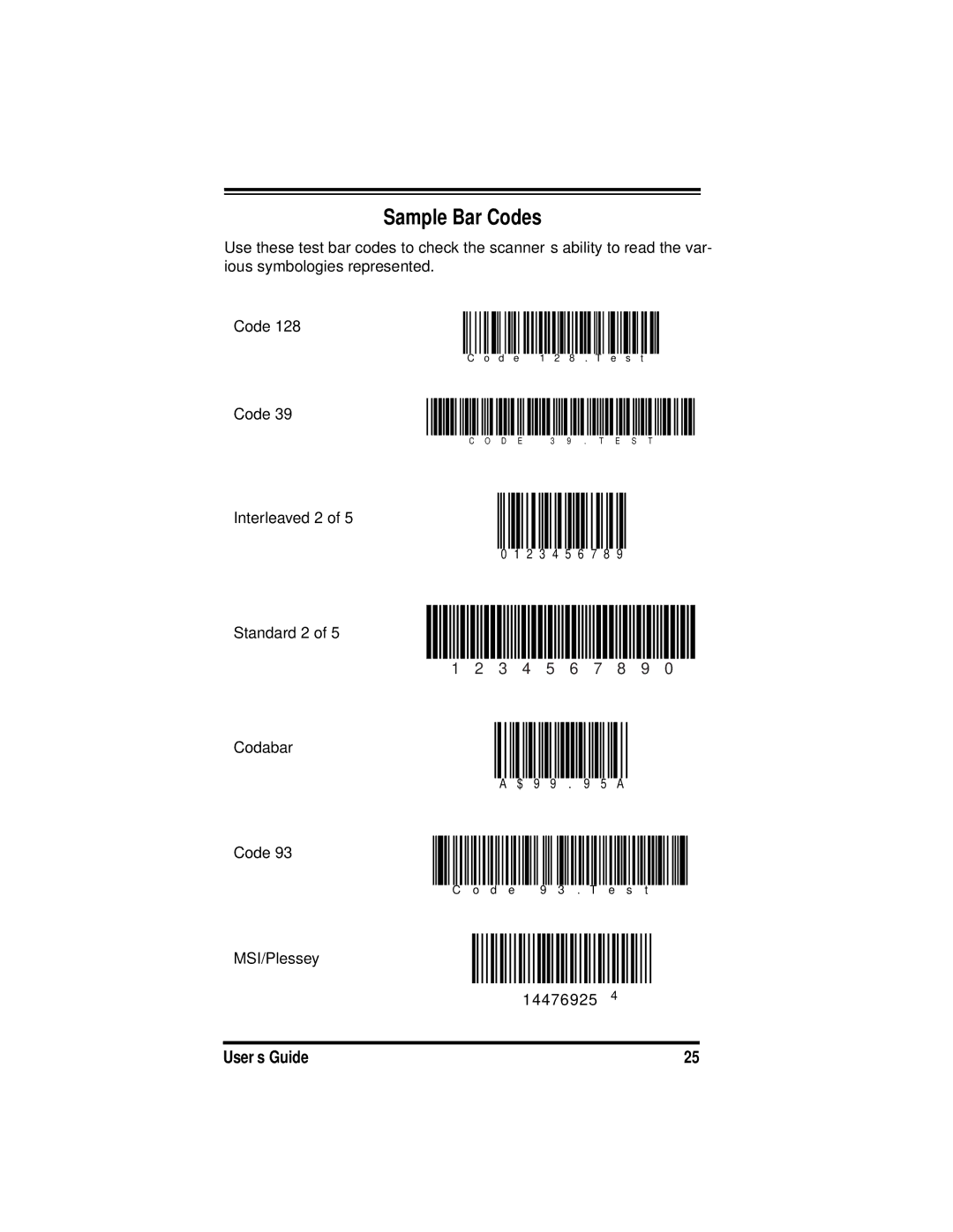 PSC PowerScanTM RF manual Sample Bar Codes 