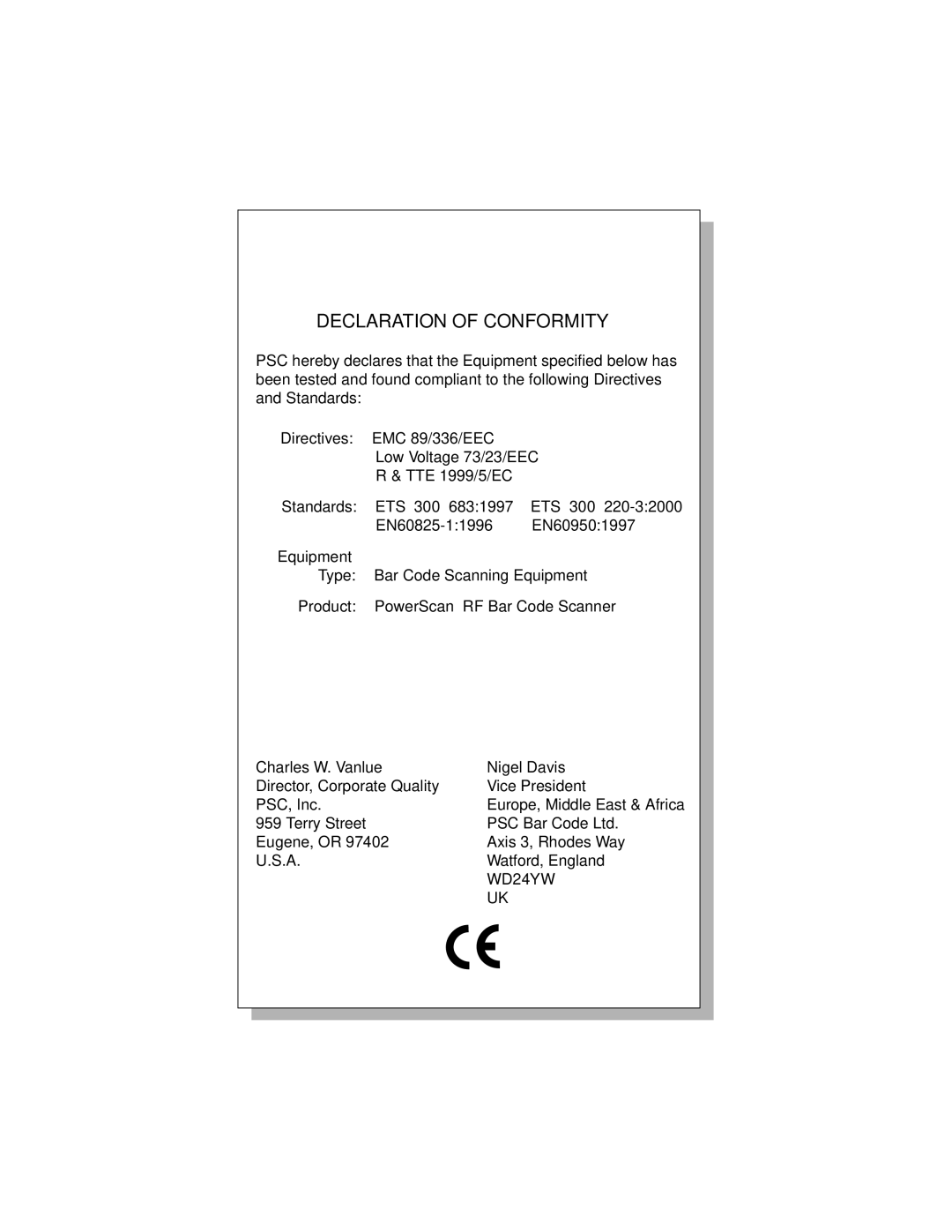 PSC PowerScanTM RF manual Declaration of Conformity 