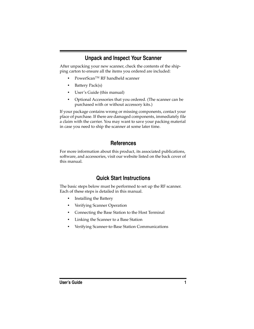 PSC PowerScanTM RF manual Unpack and Inspect Your Scanner, References, Quick Start Instructions 