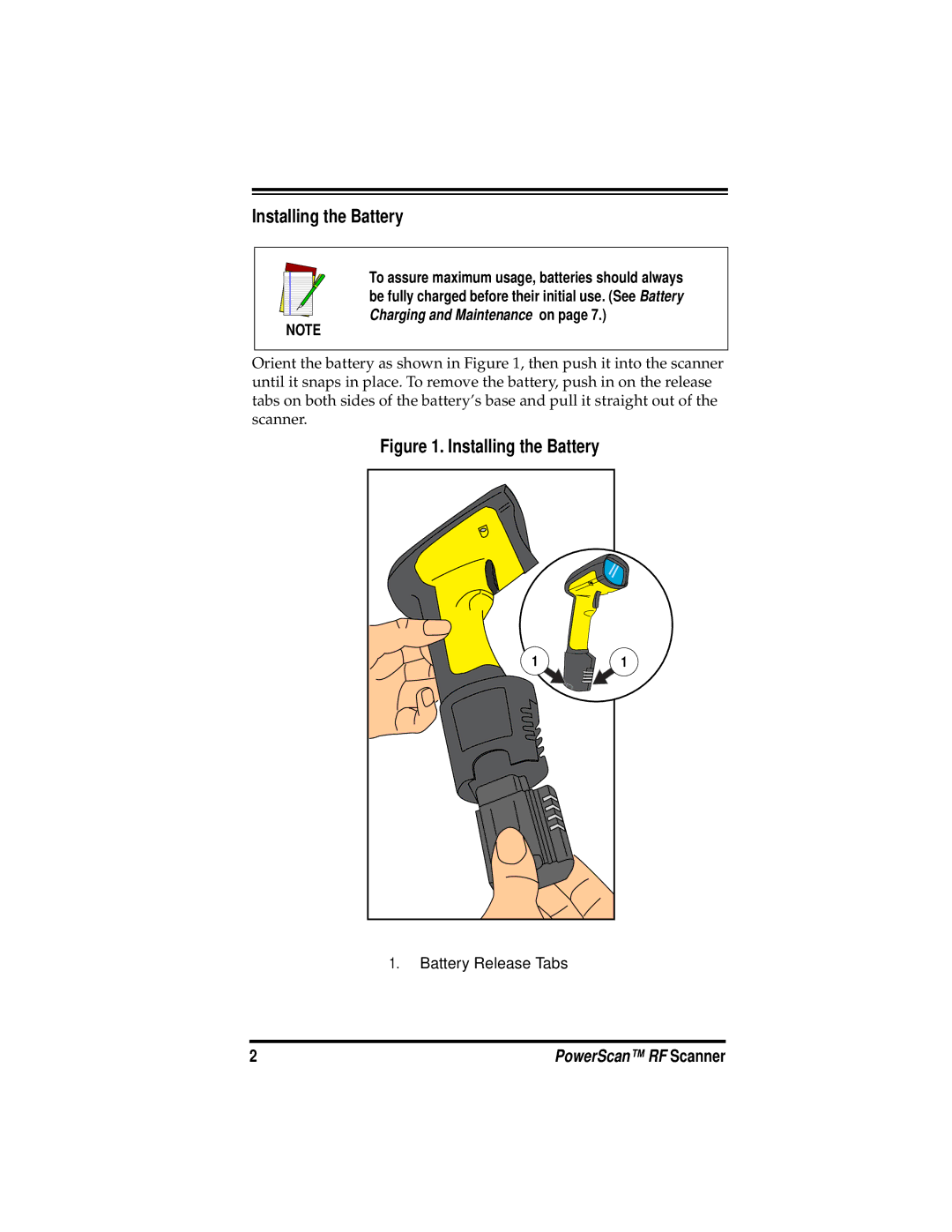 PSC PowerScanTM RF manual Installing the Battery, Charging and Maintenance on 