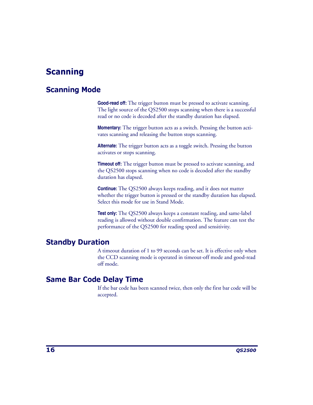 PSC QS2500 manual Scanning Mode, Standby Duration, Same Bar Code Delay Time 