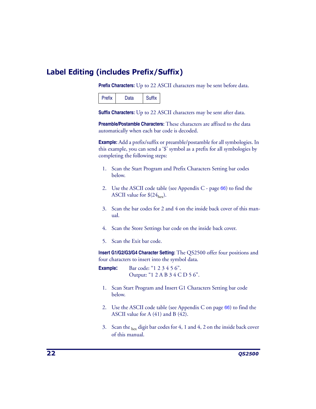 PSC QS2500 manual Label Editing includes Prefix/Suffix 