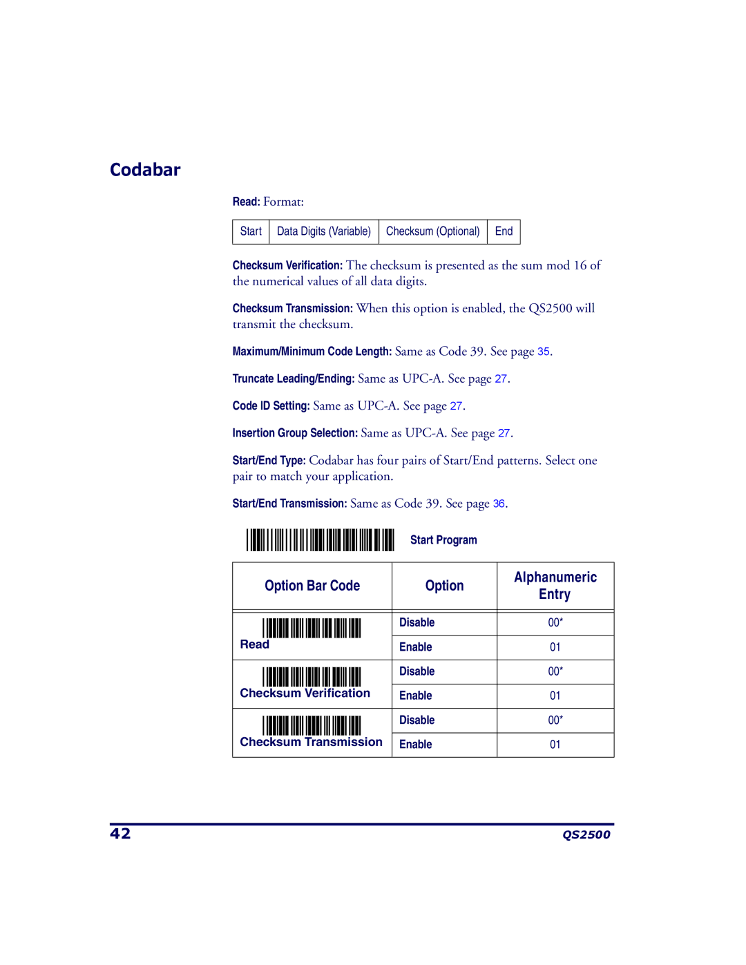 PSC QS2500 manual Codabar 