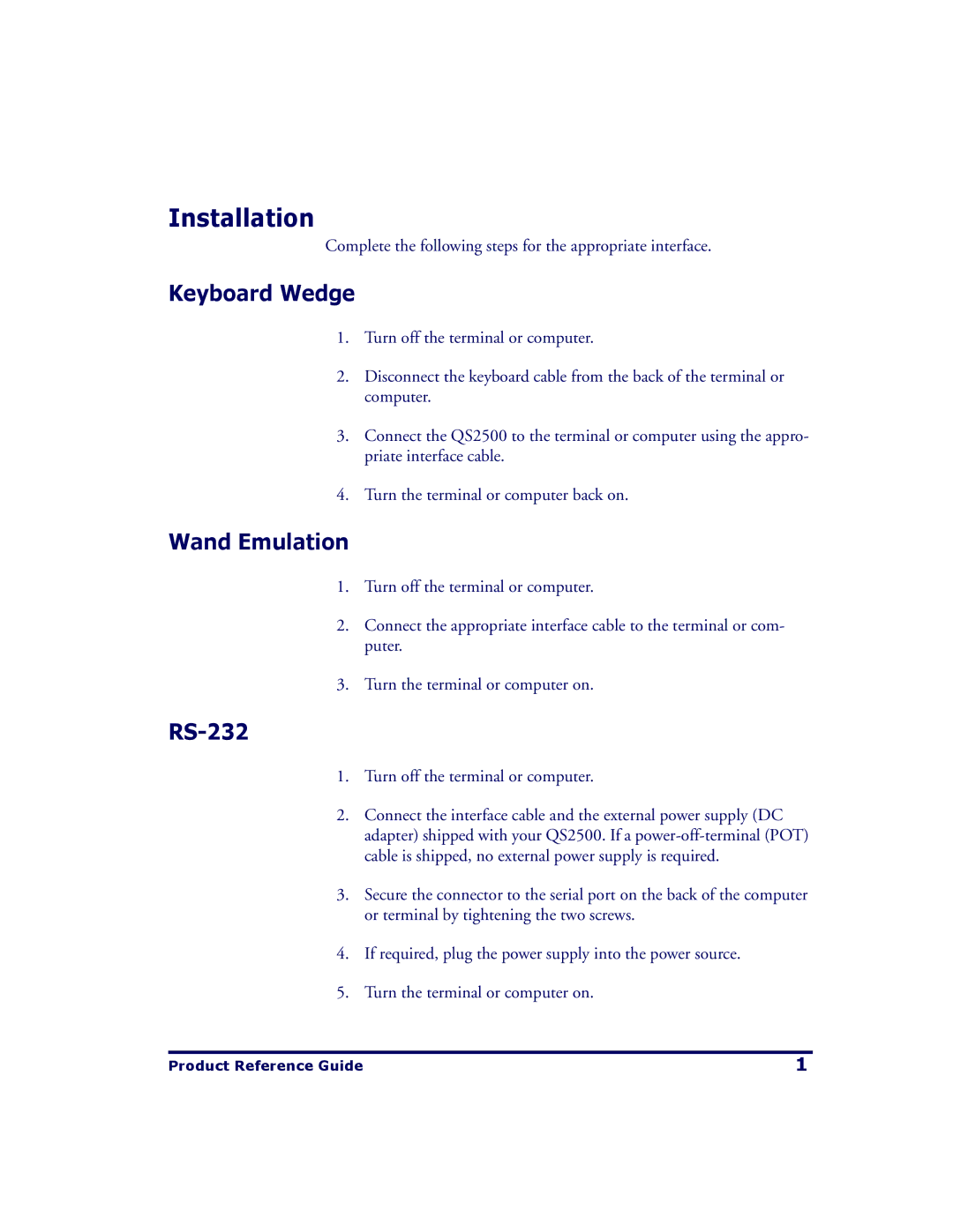 PSC QS2500 manual Installation, Keyboard Wedge, Wand Emulation, RS-232 