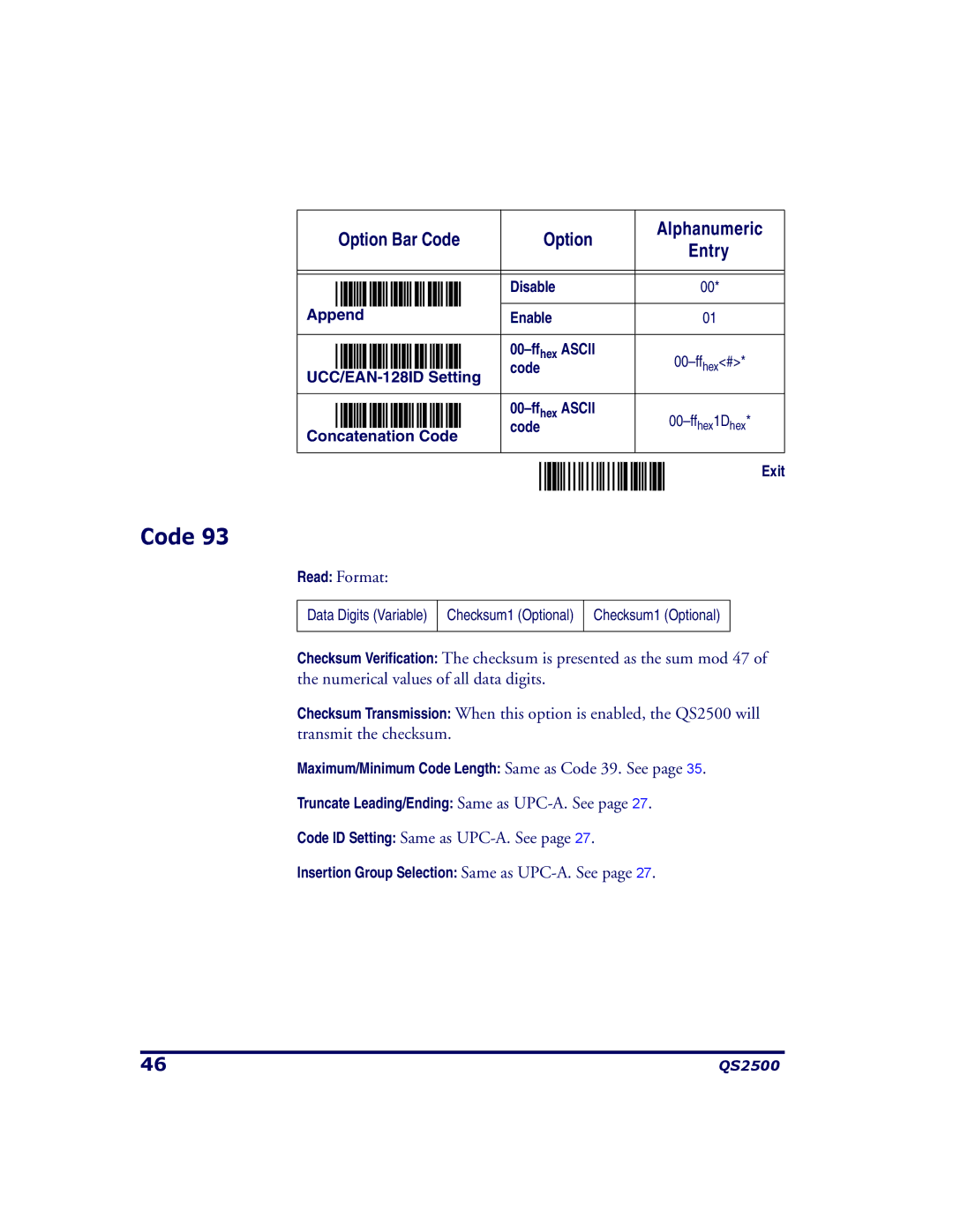 PSC QS2500 manual Disable Append Enable Ff hex Ascii 