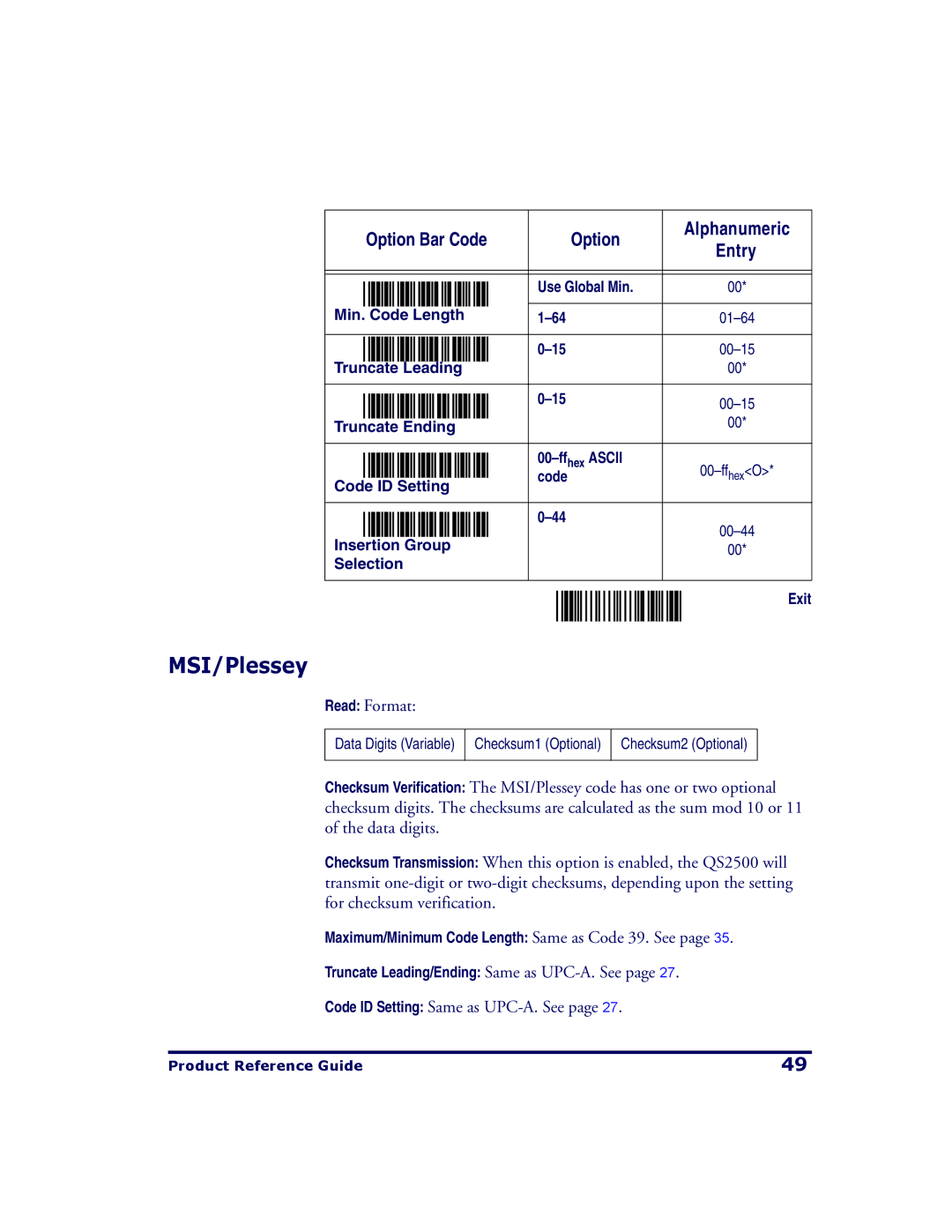 PSC QS2500 manual MSI/Plessey 