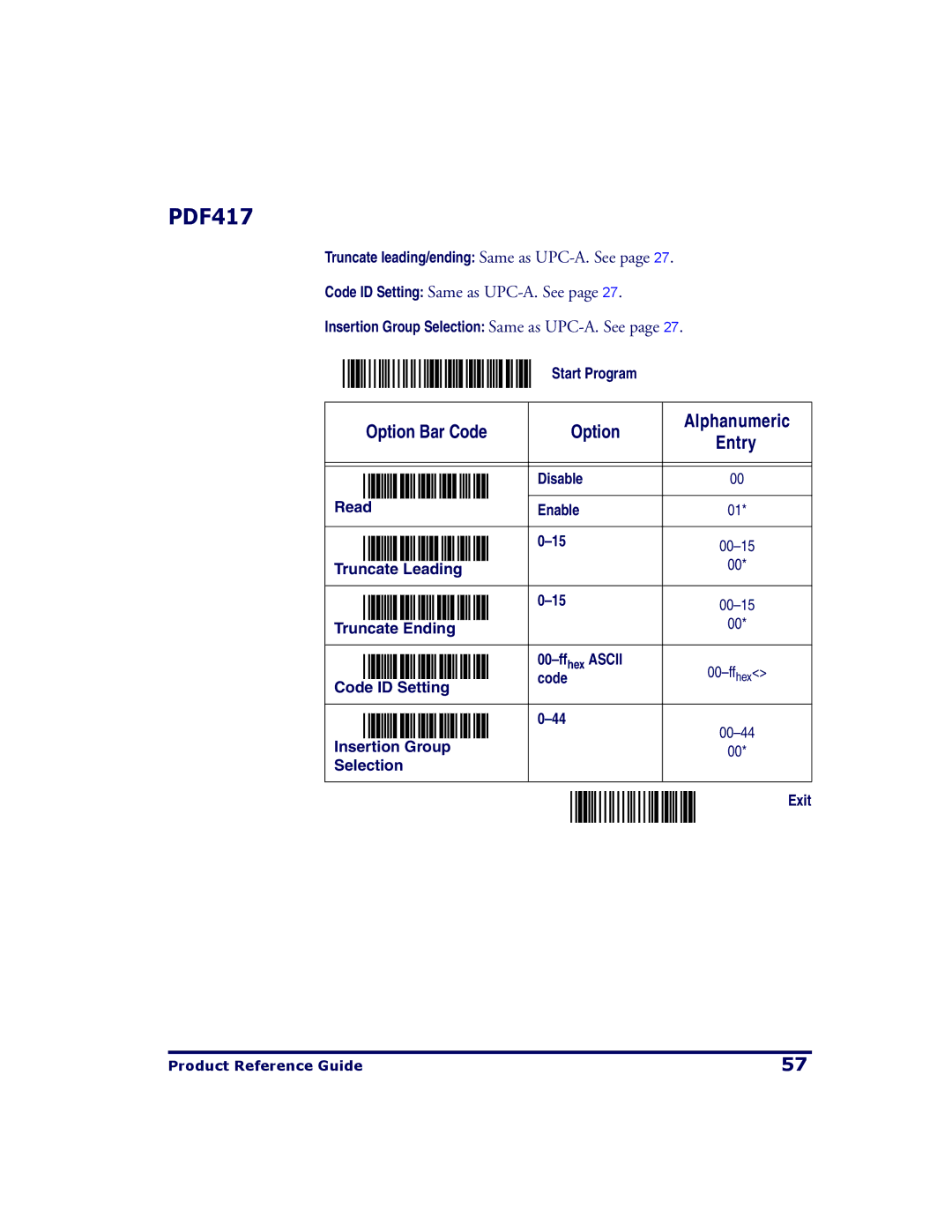 PSC QS2500 manual Option Bar Code Alphanumeric 