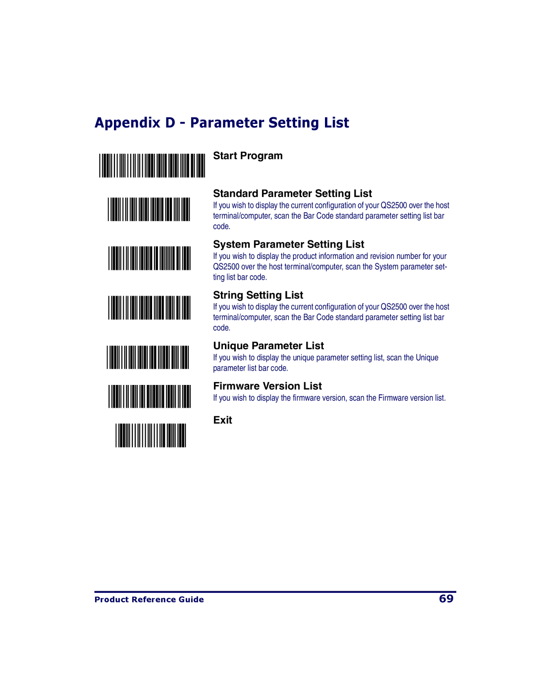 PSC QS2500 manual Appendix D Parameter Setting List, Start Program Standard Parameter Setting List 