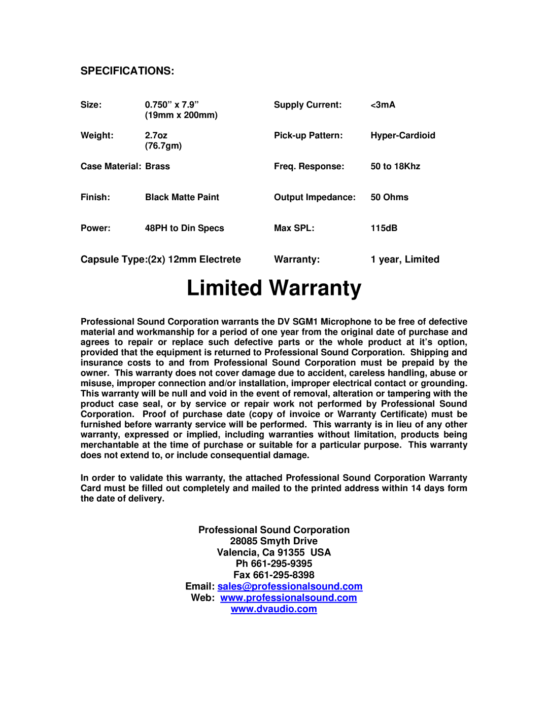 PSC SGM1 manual Limited Warranty, Specifications 