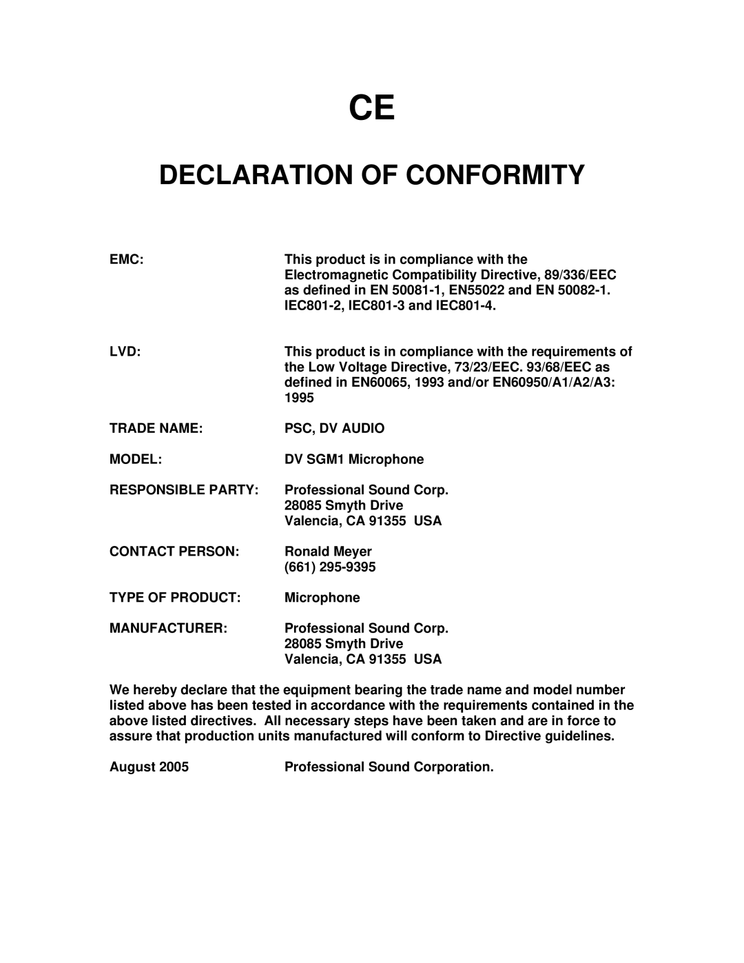 PSC SGM1 manual Declaration of Conformity 