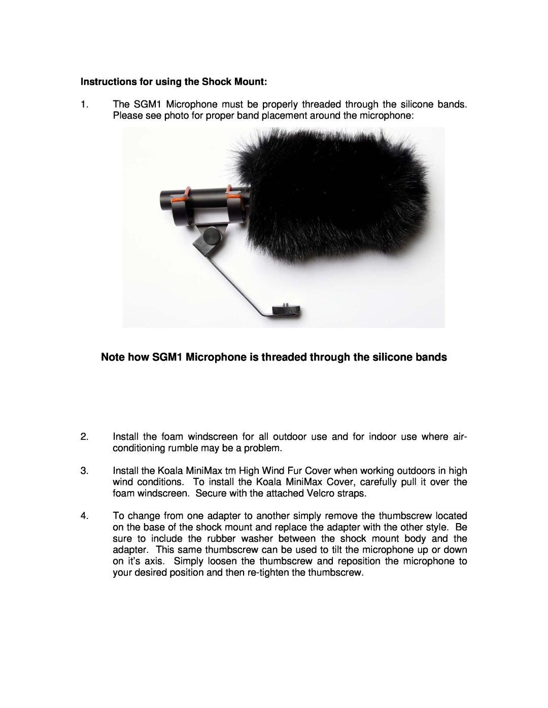 PSC manual Note how SGM1 Microphone is threaded through the silicone bands, Instructions for using the Shock Mount 