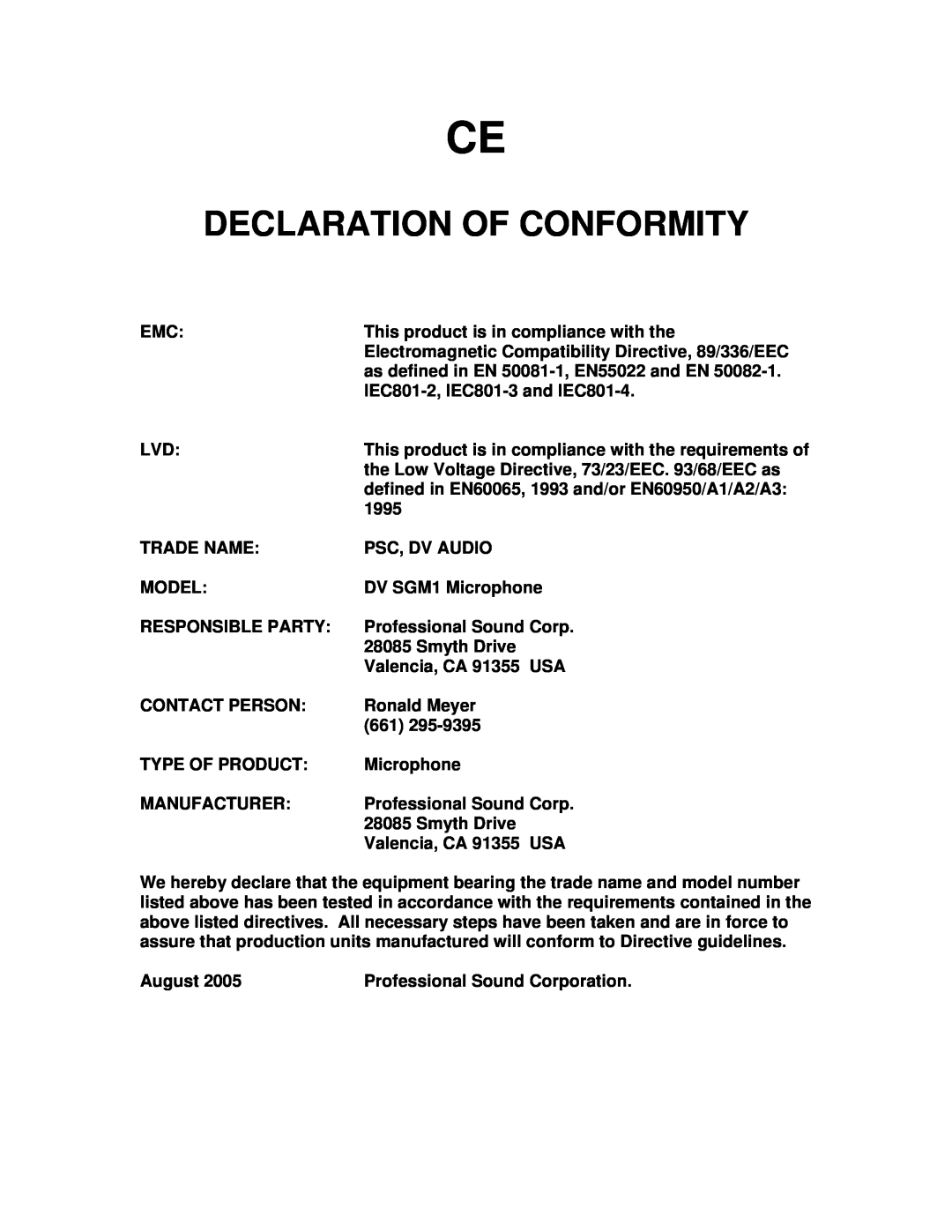 PSC SGM1 manual Declaration Of Conformity 