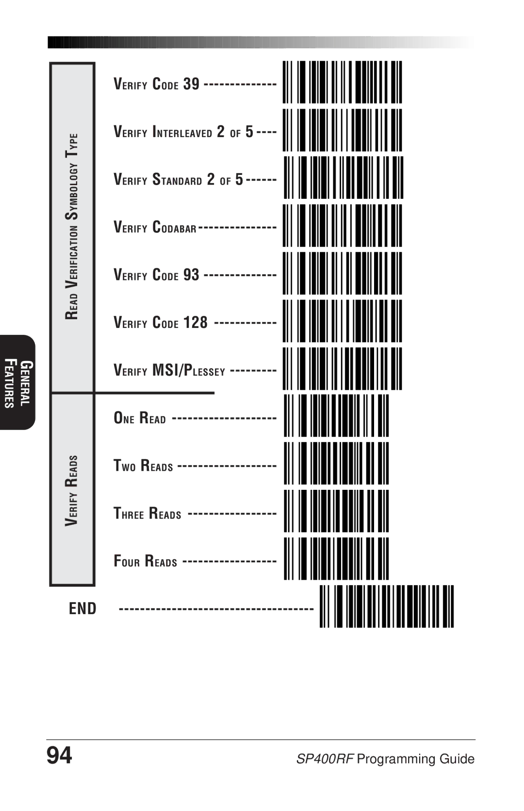 PSC SP400rf manual Verify Codabar Verify Code, Verify MSI/PLESSEY, ONE Read TWO Reads Three Reads Four Reads 