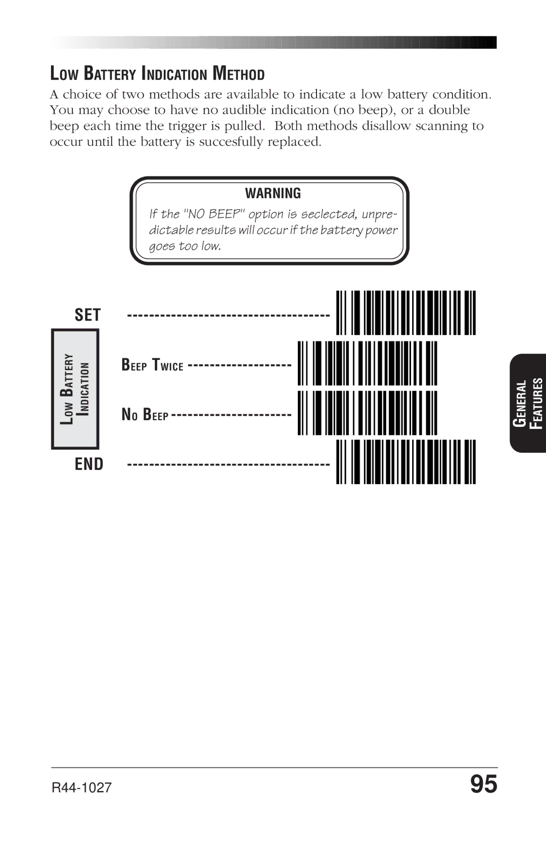 PSC SP400rf manual Beep Twice No Beep, LOW Battery Indication Method 