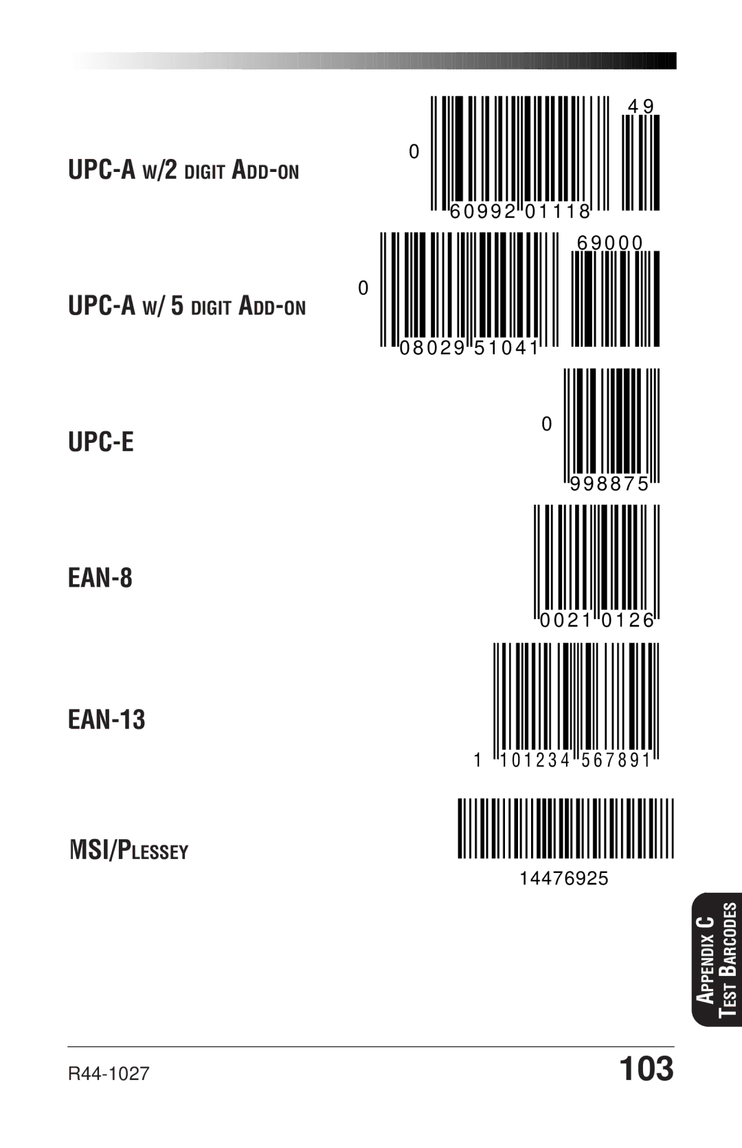 PSC SP400rf manual UPC-A W/2 Digit ADD-ON UPC-A W/ 5 Digit ADD-ON UPC-E EAN-8, Msi/Plessey 