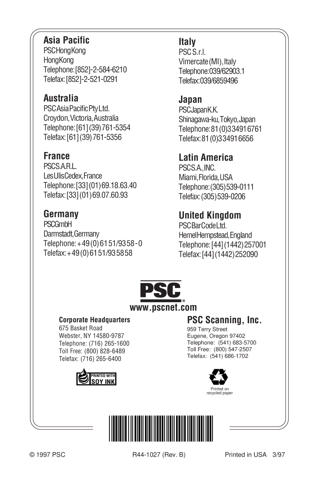 PSC SP400rf manual Asia Pacific, Australia, France, Germany, Italy, Japan, Latin America, United Kingdom 