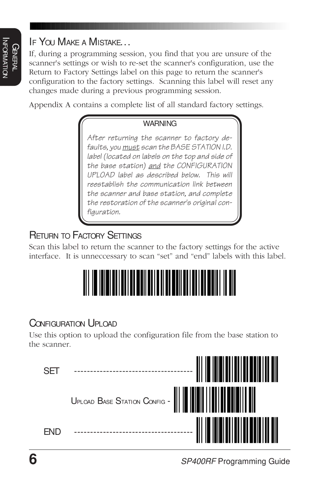 PSC SP400rf manual End, If YOU Make a Mistake, Return to Factory Settings, Configuration Upload 