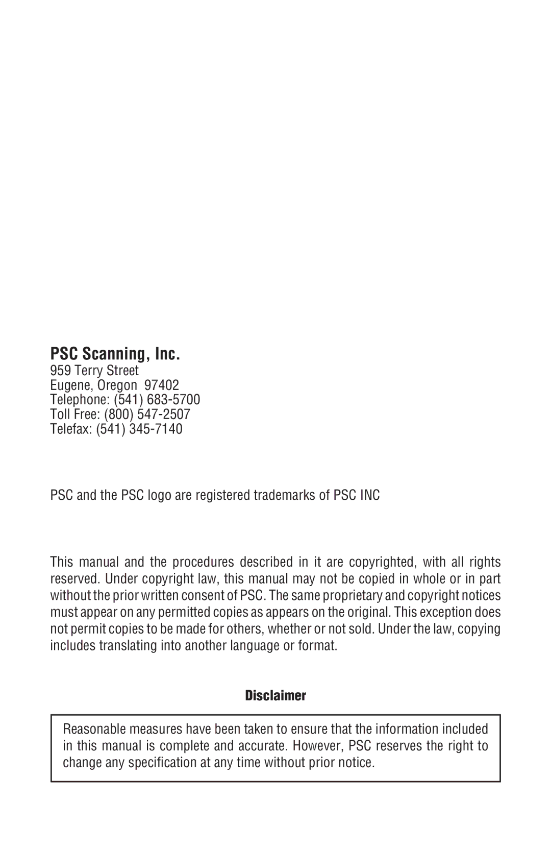 PSC SP400rf manual PSC Scanning, Inc, Disclaimer 