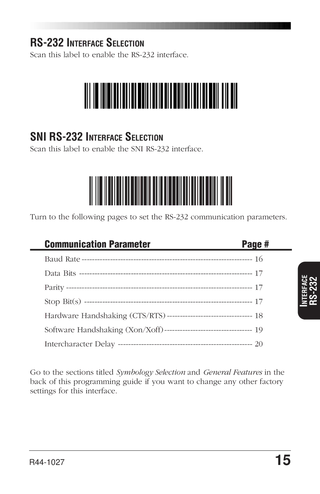 PSC SP400rf manual Communication Parameter, SNI RS-232 Interface Selection 