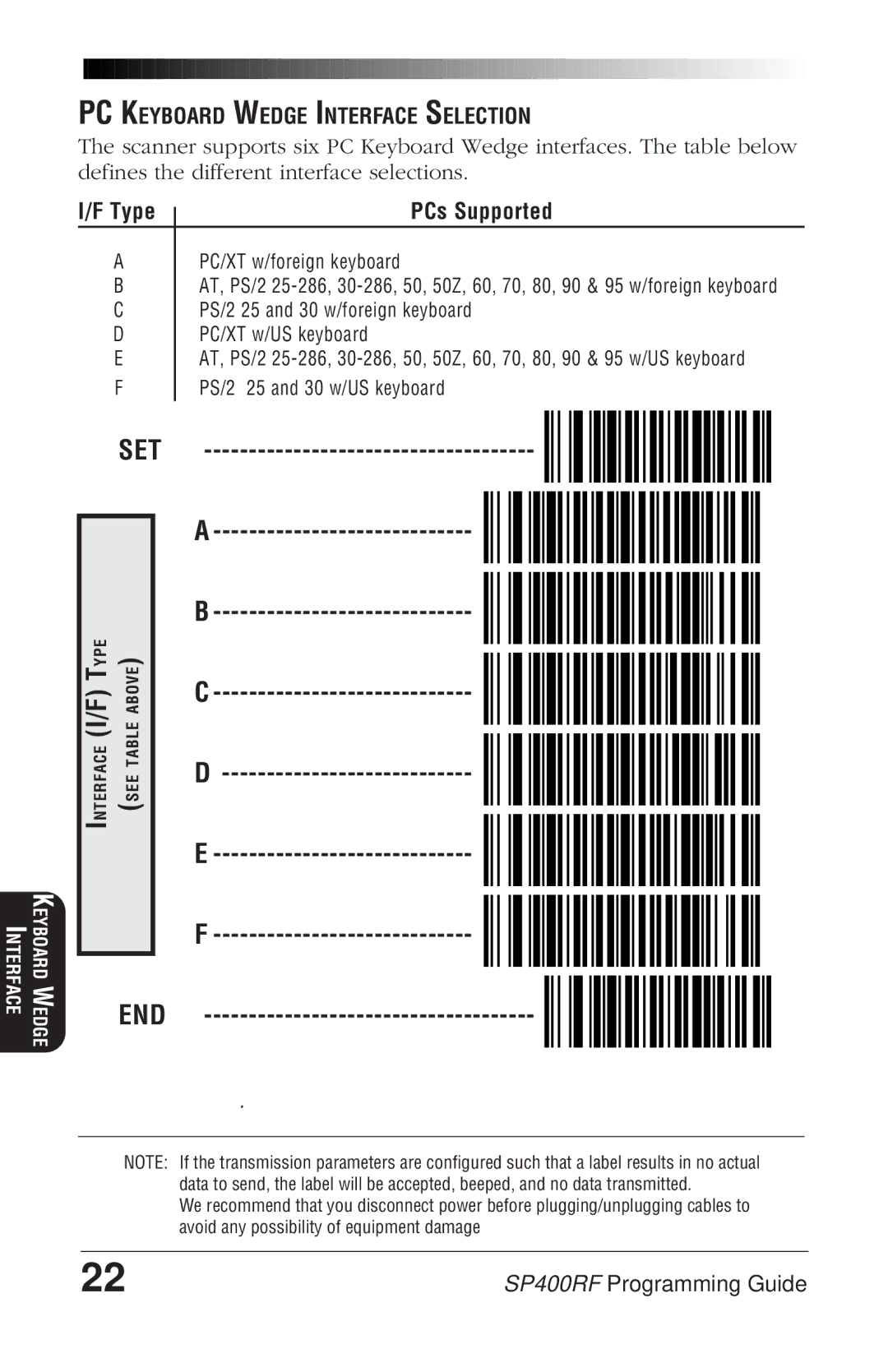 PSC SP400rf manual PC Keyboard Wedge Interface Selection, Type 