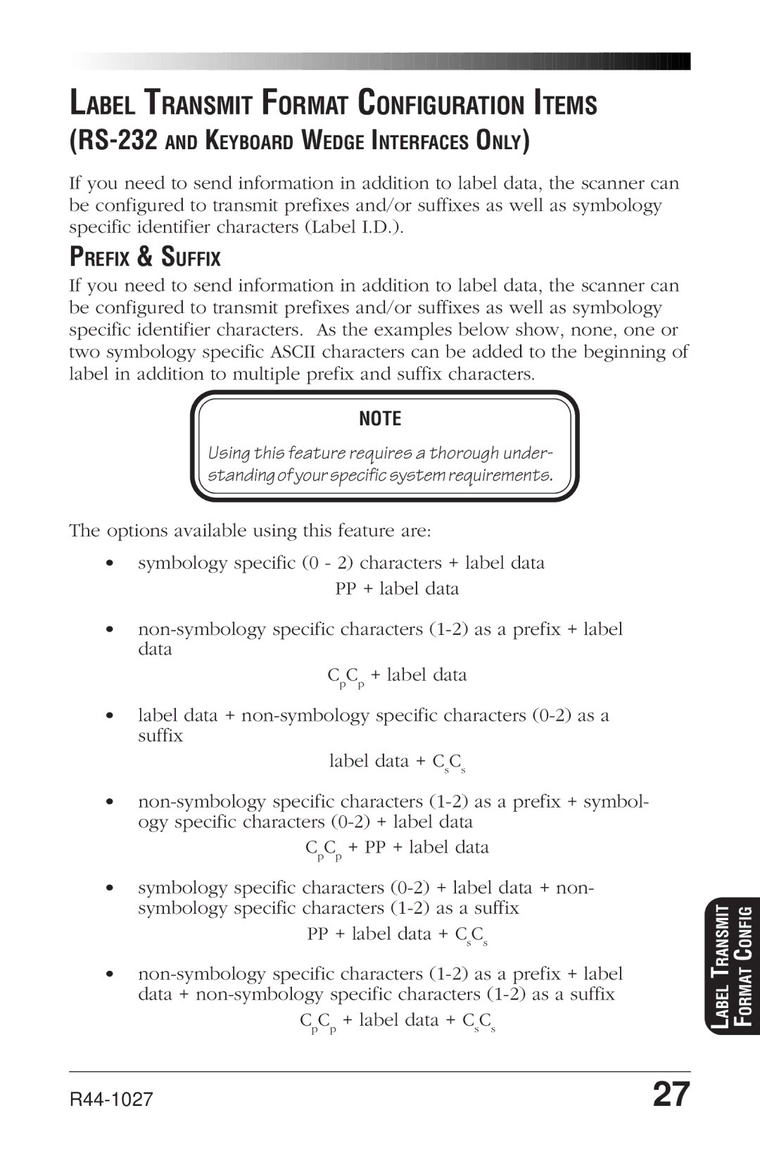 PSC SP400rf manual Label Transmit Format Configuration Items, RS-232AND Keyboard Wedge Interfaces only, Prefix & Suffix 