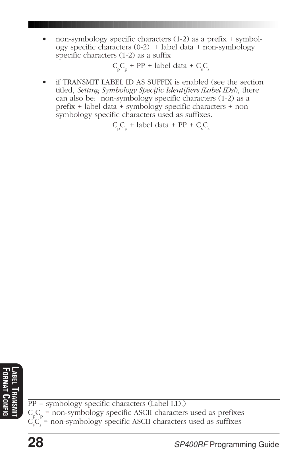 PSC SP400rf manual Label Transmit Format Config 