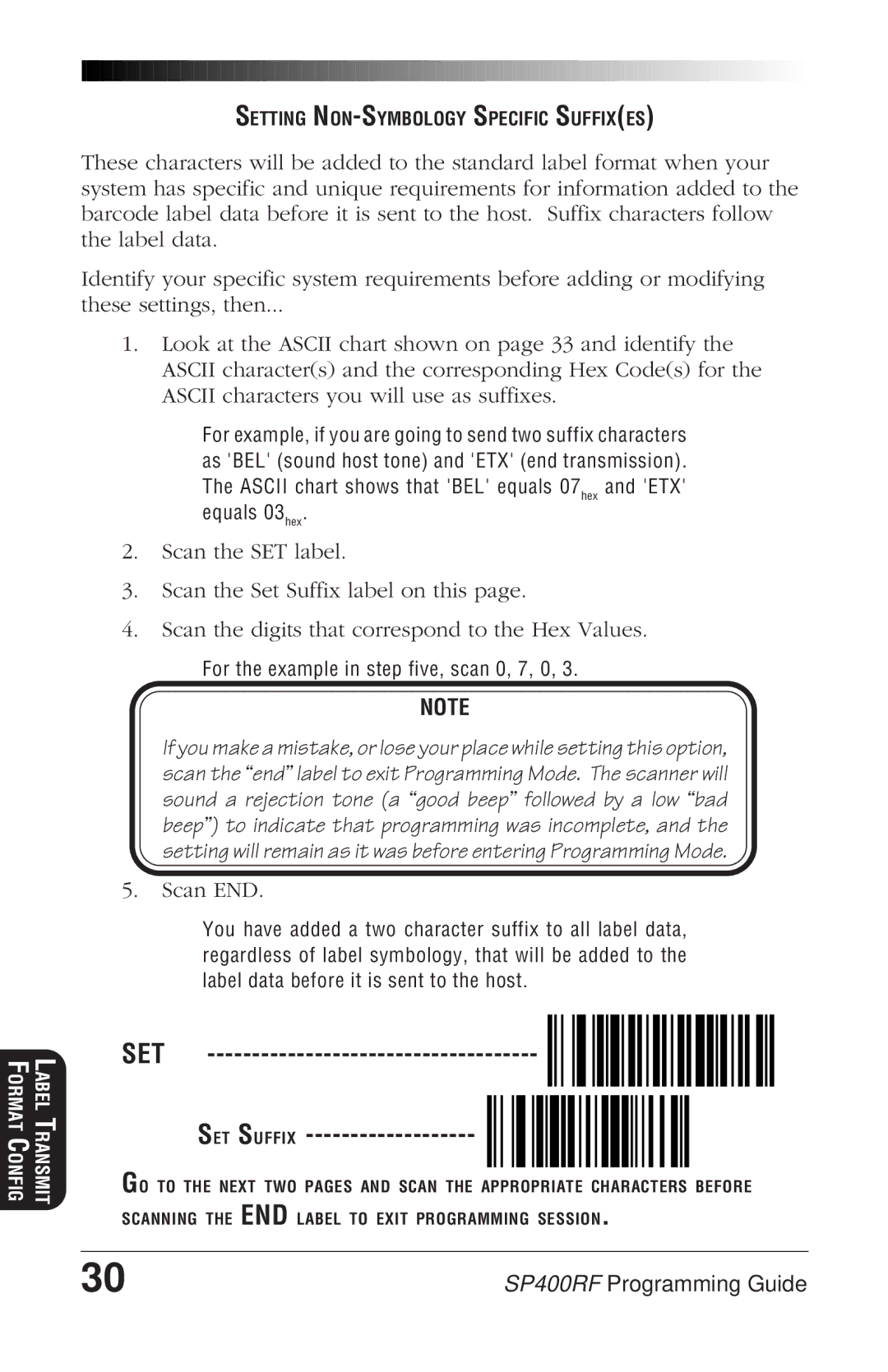 PSC SP400rf manual SET SET Suffix, For the example in step five, scan 0, 7, 0 