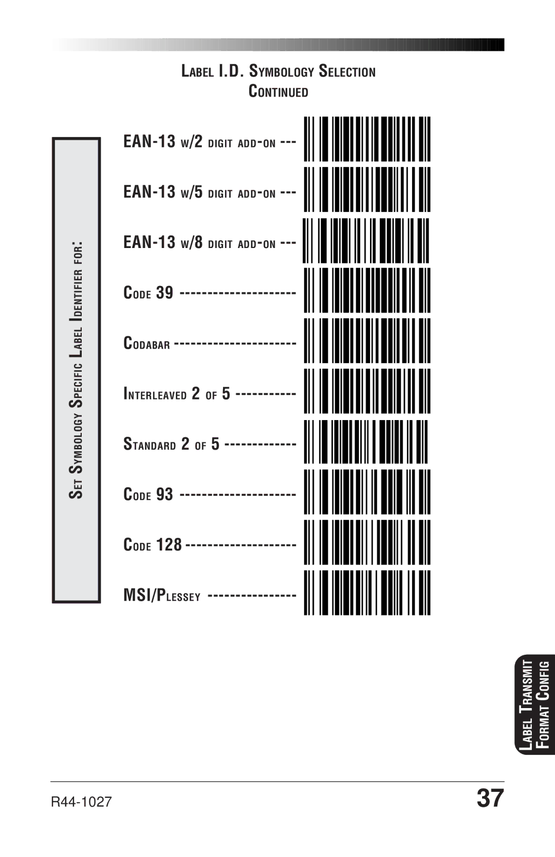 PSC SP400rf manual Code Codabar Interleaved 2 Standard 2 MSI/PLESSEY 