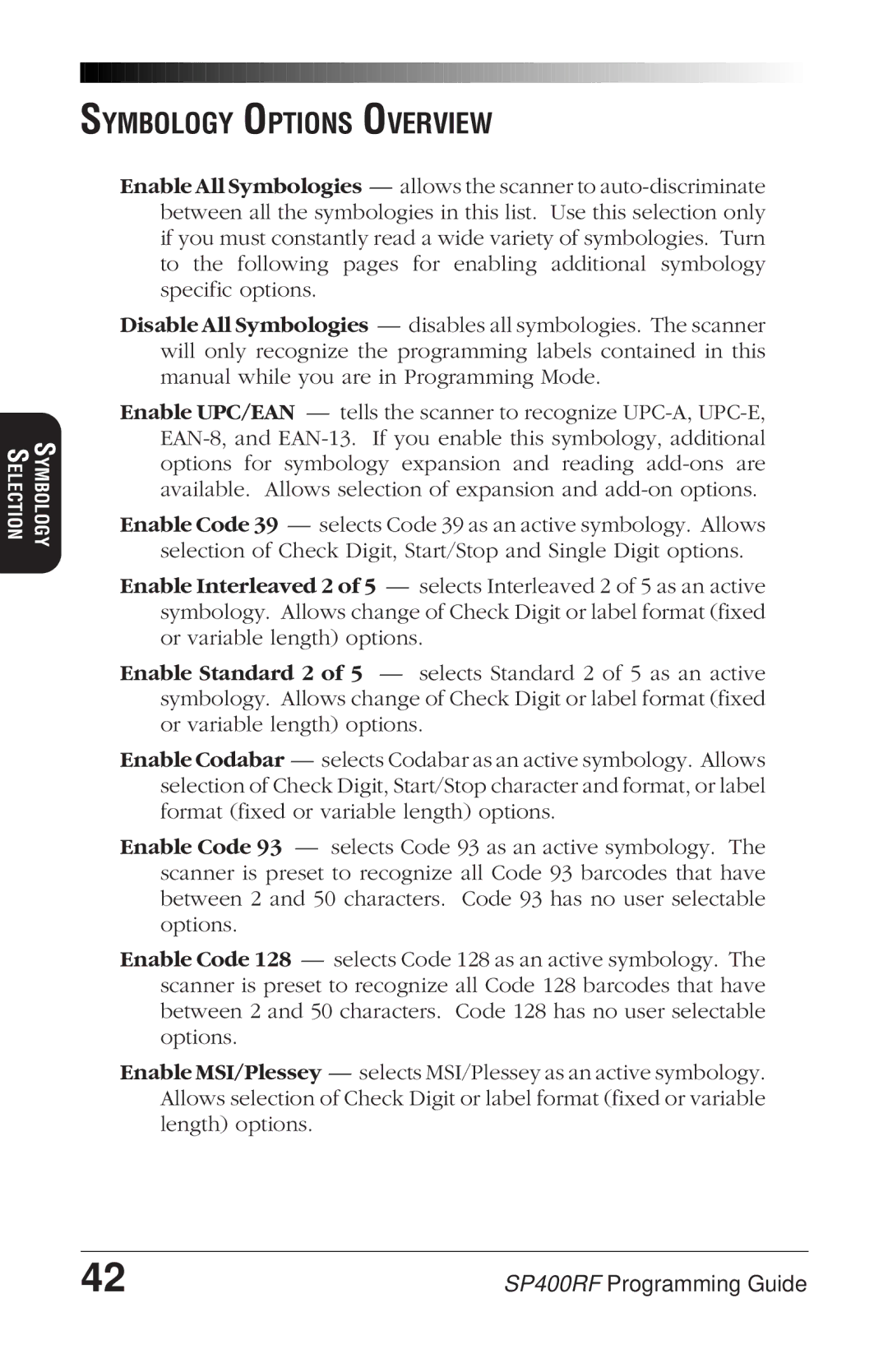 PSC SP400rf manual Symbology Options Overview 