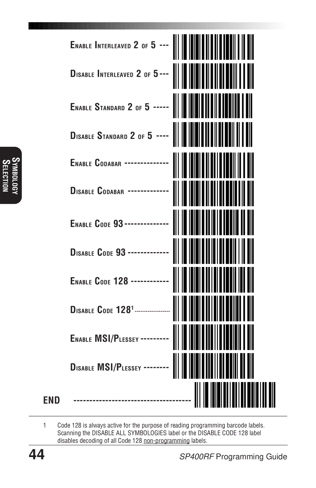 PSC SP400rf manual Enable Codabar Disable Codabar Enable Code Disable Code, Enable MSI/PLESSEY Disable MSI/PLESSEY 