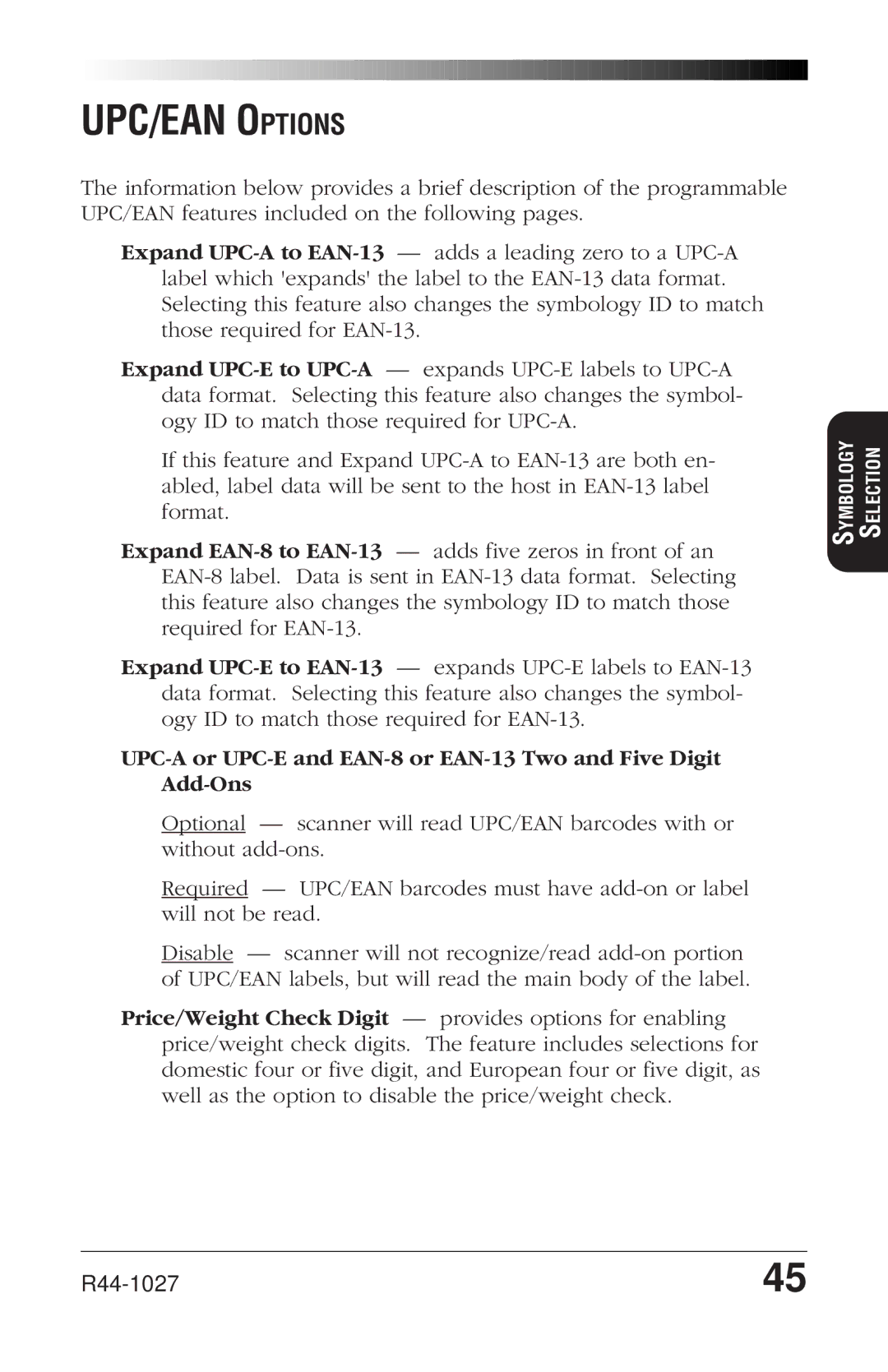 PSC SP400rf manual UPC/EAN Options 