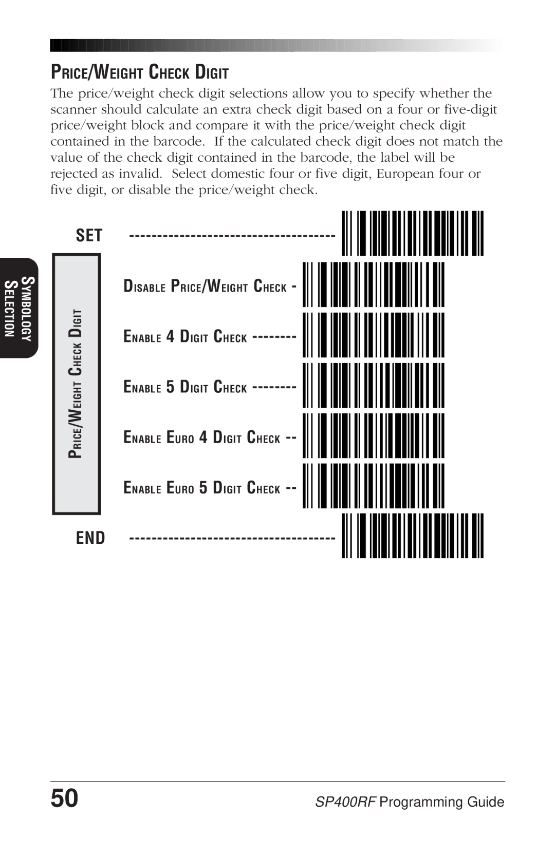 PSC SP400rf manual Set, PRICE/WEIGHT Check Digit 