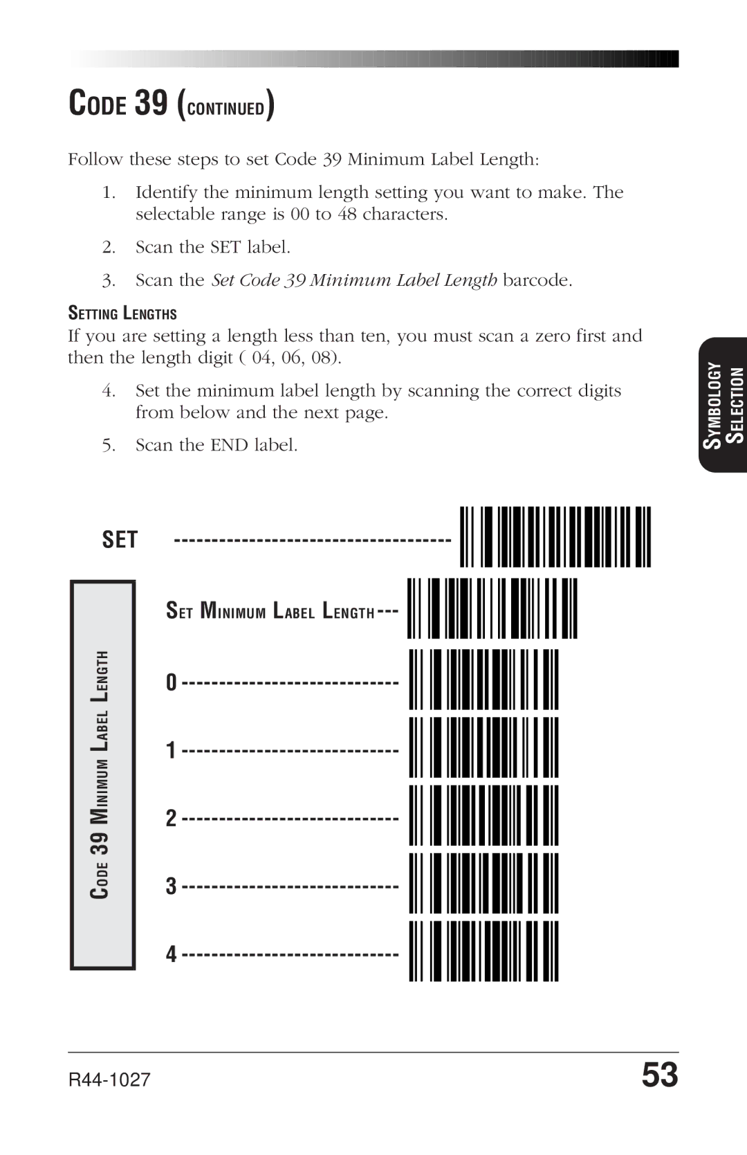 PSC SP400rf manual Scan the Set Code 39 Minimum Label Length barcode 