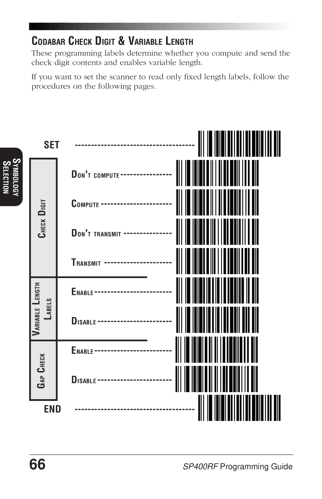 PSC SP400rf manual Set, Codabar Check Digit & Variable Length 