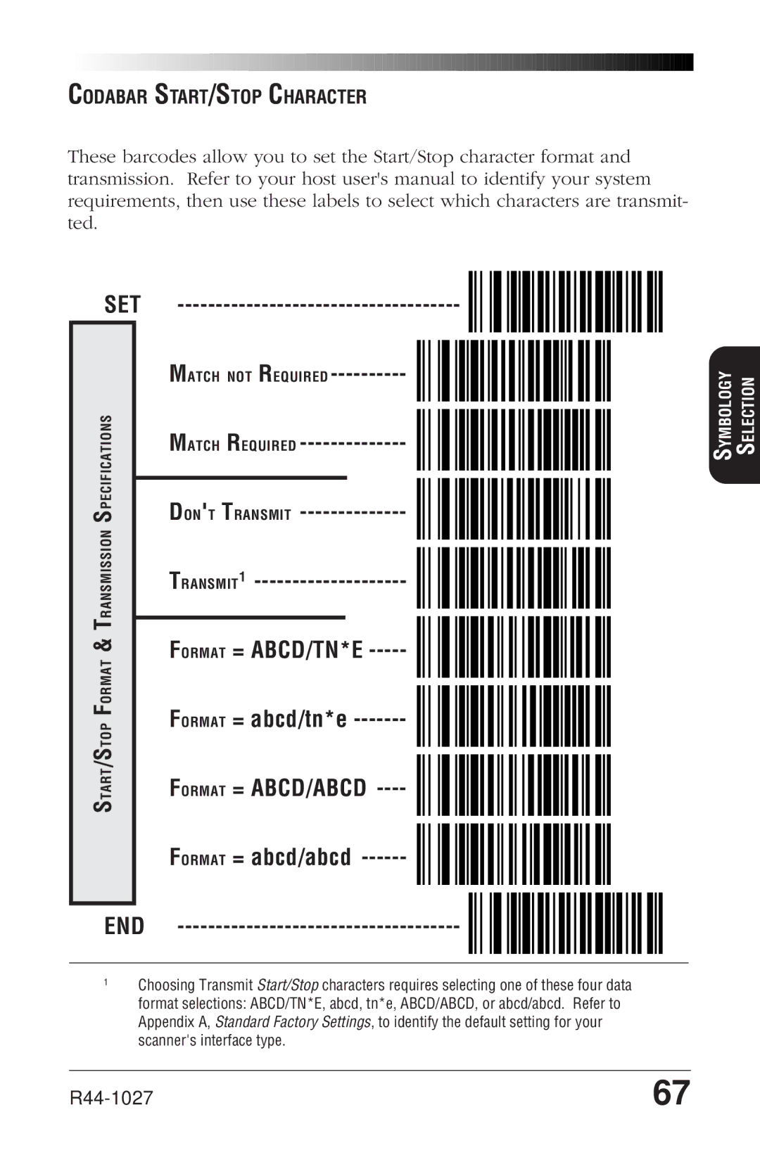 PSC SP400rf manual TRANSMIT1, Format = abcd/tn*e, Codabar START/STOP Character 