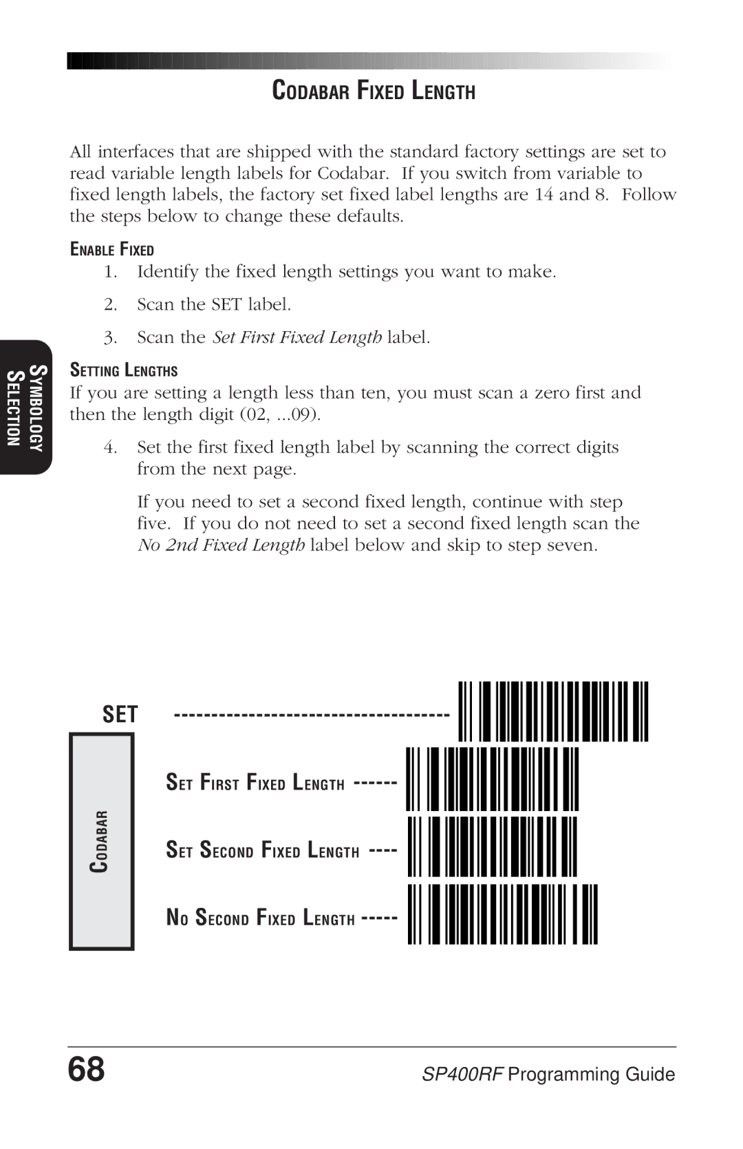 PSC SP400rf manual Codabar Fixed Length, Set 