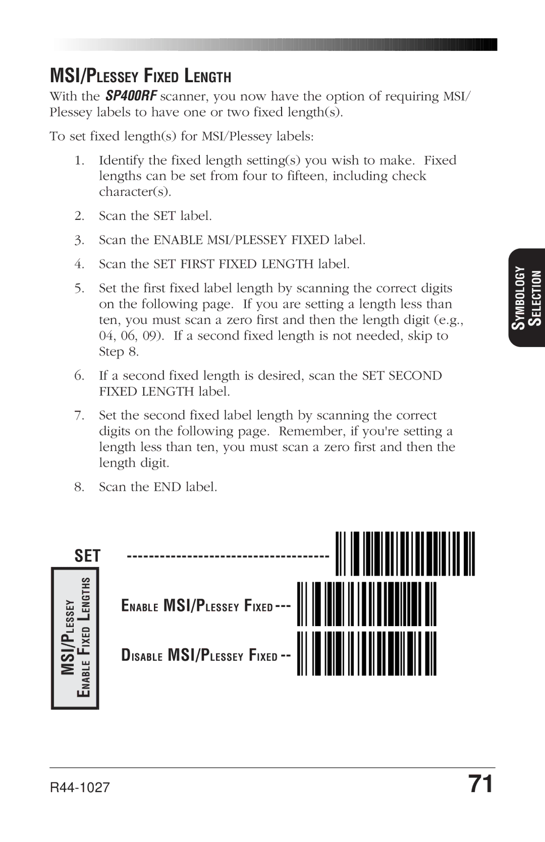 PSC SP400rf manual MSI/PLESSEY Fixed Length 