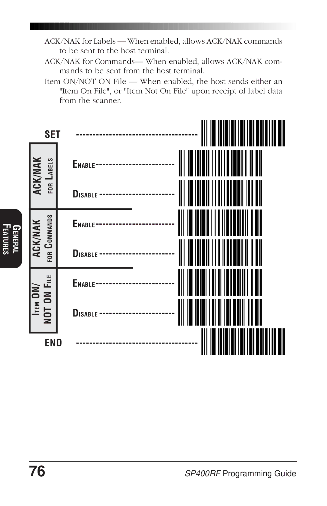 PSC SP400rf manual Ack/Nak, Item on Not on File, Enable Disable, End 