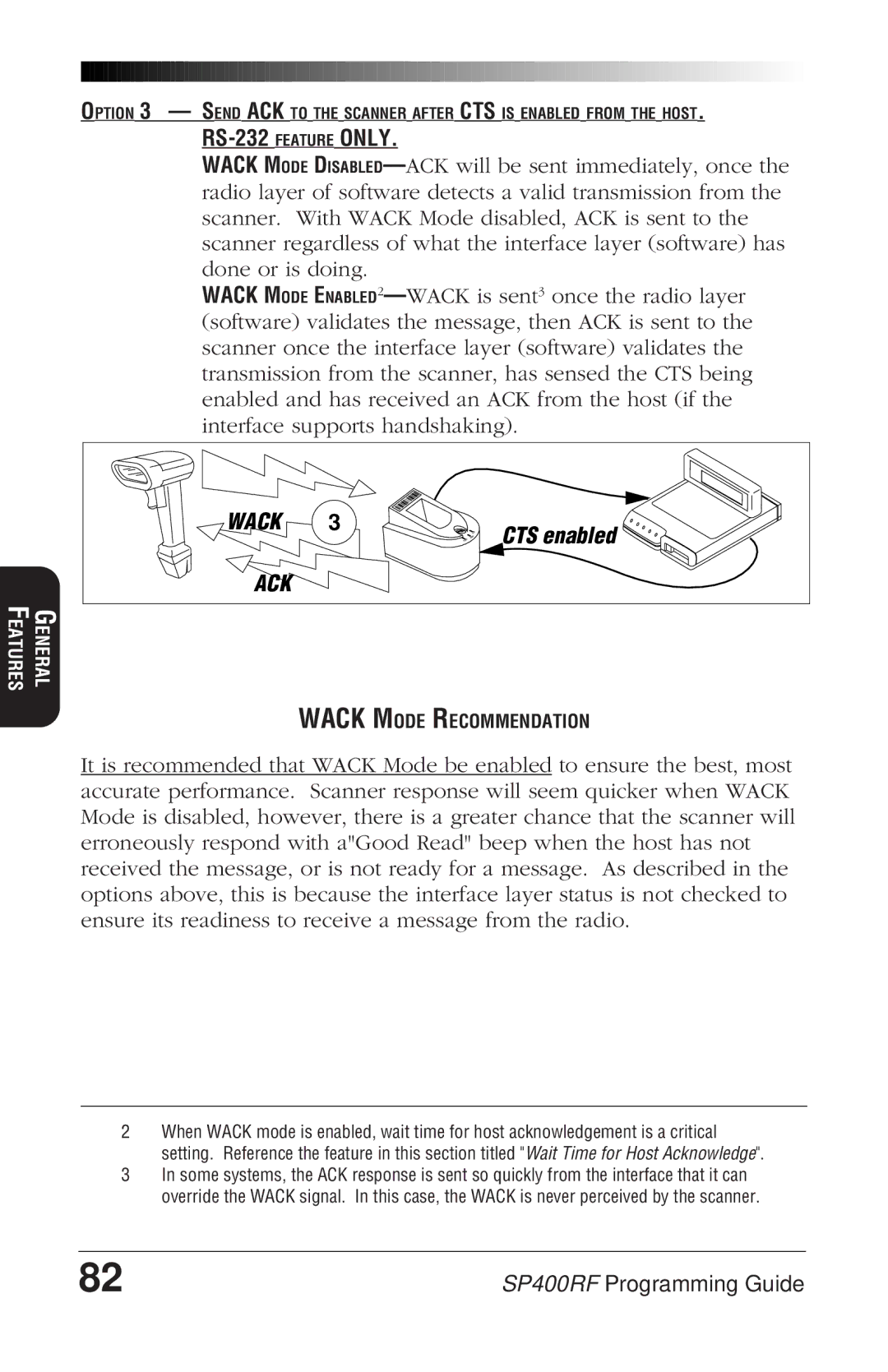 PSC SP400rf manual RS-232 Feature only, Wack ACK 