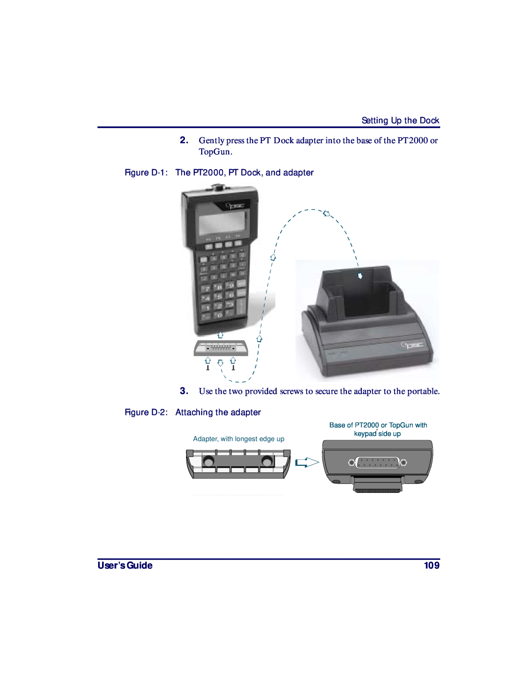 PSC User’s Guide, Setting Up the Dock, Figure D-1 The PT2000, PT Dock, and adapter, Figure D-2 Attaching the adapter 