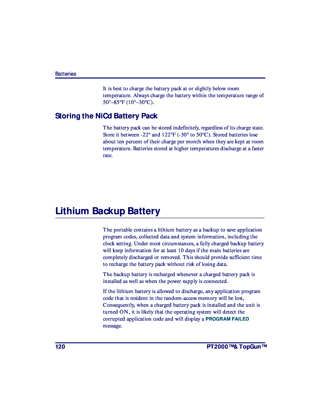 PSC TopGun, PT2000 manual Lithium Backup Battery, Storing the NiCd Battery Pack 
