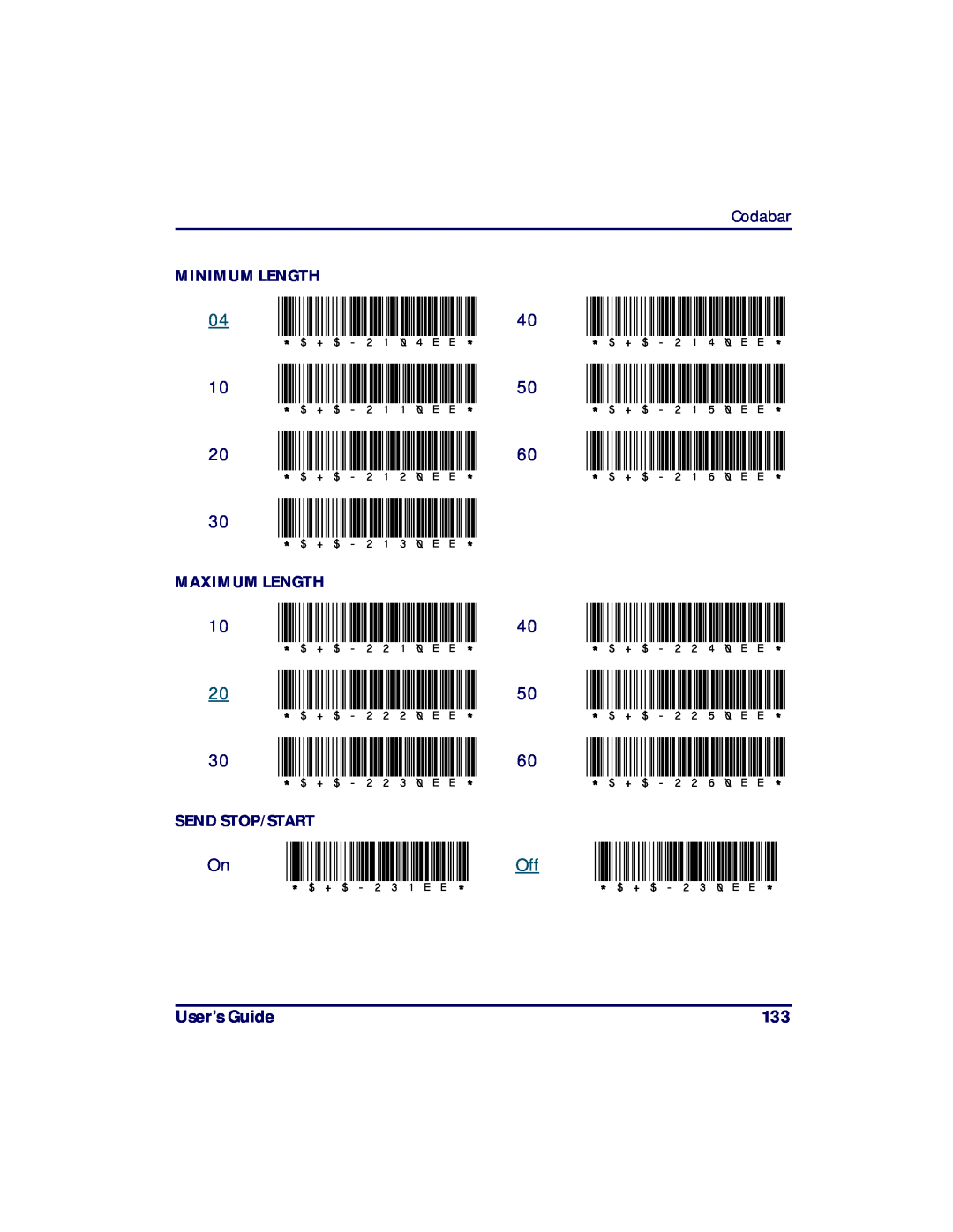 PSC PT2000 On *$+$-231EE, $+$-230EE, 04 *$+$-2104EE 10 *$+$-2110EE 20 *$+$-2120EE 30 *$+$-2130EE, User’s Guide, Codabar 