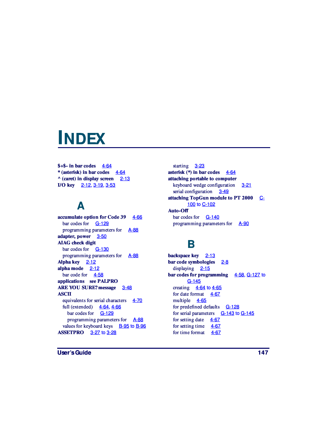 PSC PT2000, TopGun manual Index, User’s Guide 