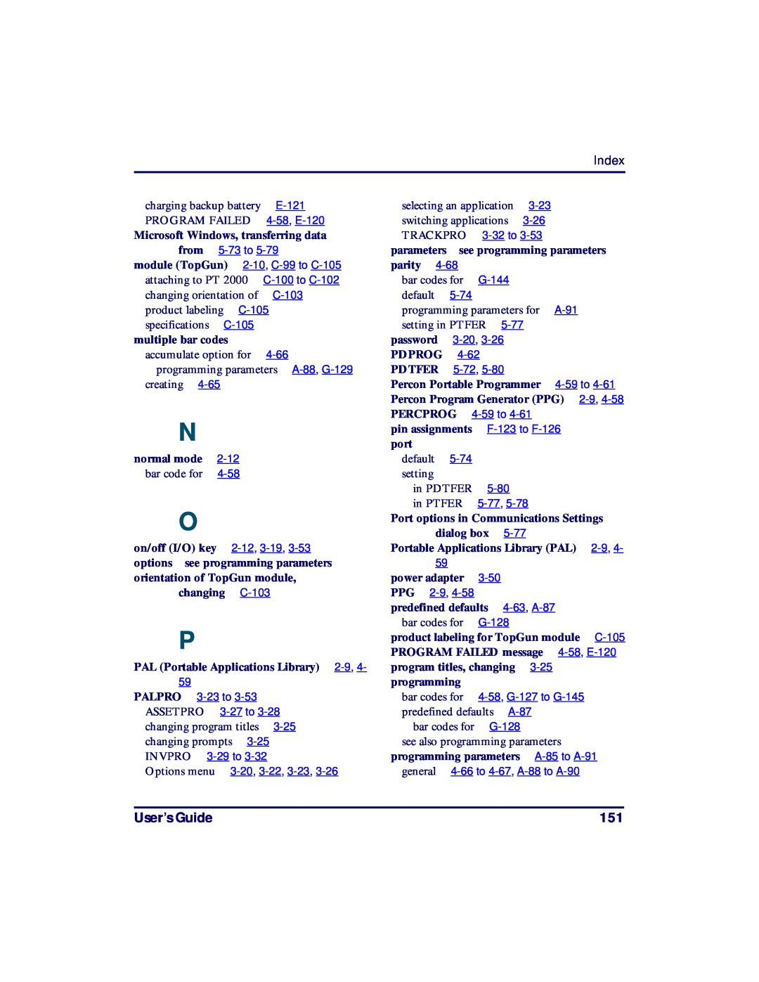 PSC PT2000, TopGun manual User’s Guide, Index, see programming parameters 